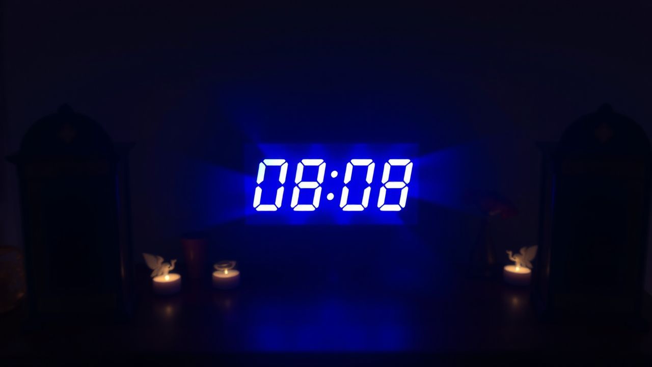Een dromerige kamer met digitale klok die 08:08 aangeeft.