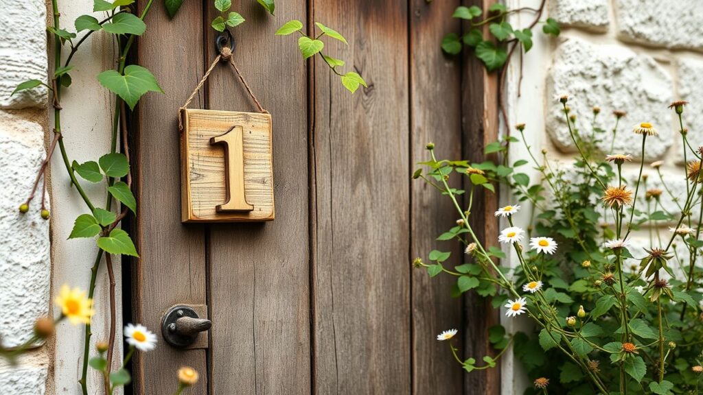 Een houten huisnummer 1 hangt aan een oude, verweerde deur, omgeven door wilde bloemen en klimop.