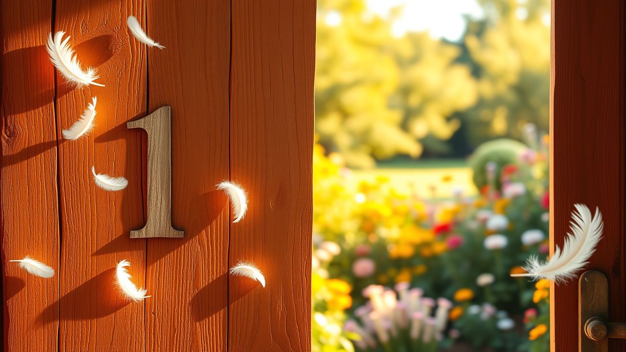 Een houten deur met het nummer ‘1’ omgeven door zwevende veren en bloemen. Een houten deur met het nummer '1' omgeven door zwevende veren en bloemen.