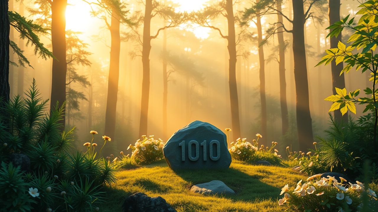 Een serene bosopening bij zonsopkomst met een eenzame steen en het nummer ‘1010’ erin gegraveerd. Een serene bosopening bij zonsopkomst met een eenzame steen en het nummer '1010' erin gegraveerd.