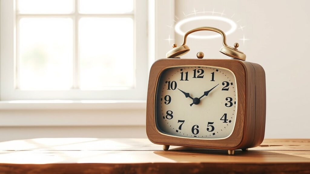 Een verweerde klok met het tijdstip 11:11 op een houten tafel.