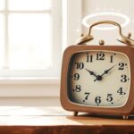 Een verweerde klok met het tijdstip 11:11 op een houten tafel.