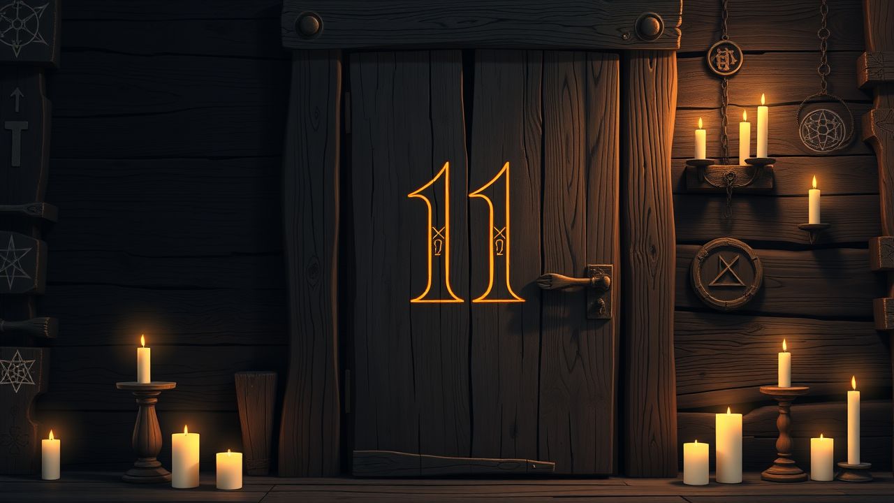 Een oude houten deur met mystieke symbolen en een nummer 11.