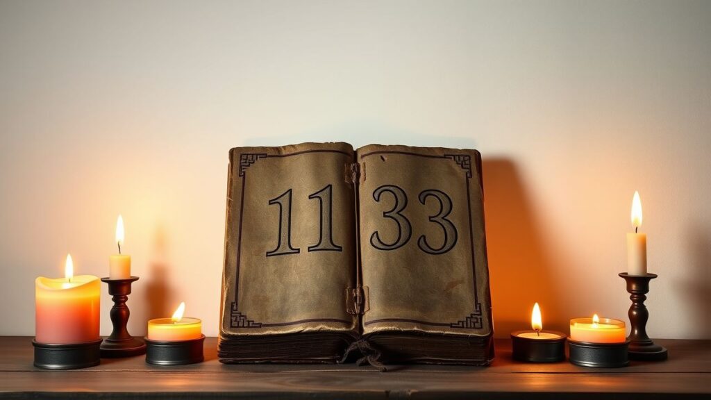 Een oude, verweerde boek met kaarslicht in een donkere kamer.