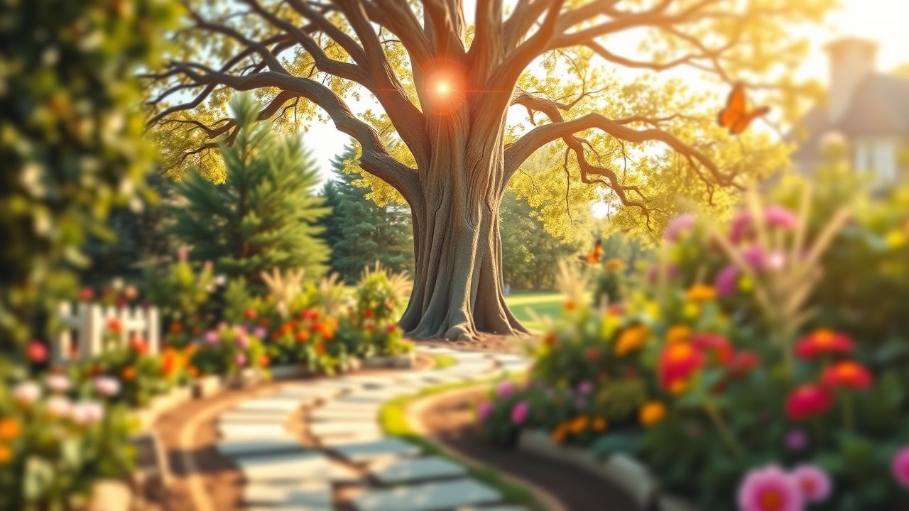 Een boom met het nummer 1133 symboliseert spirituele groei en innerlijke wijsheid in een kleurrijke tuin.