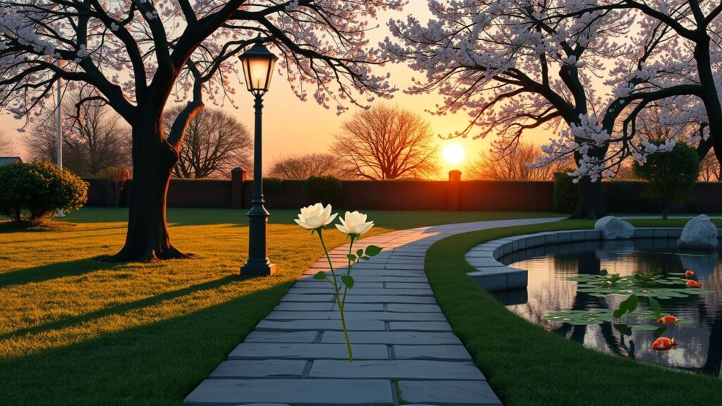 Een vredige tuin met bloeiende rozen, kersenbomen en een koi-vijver.