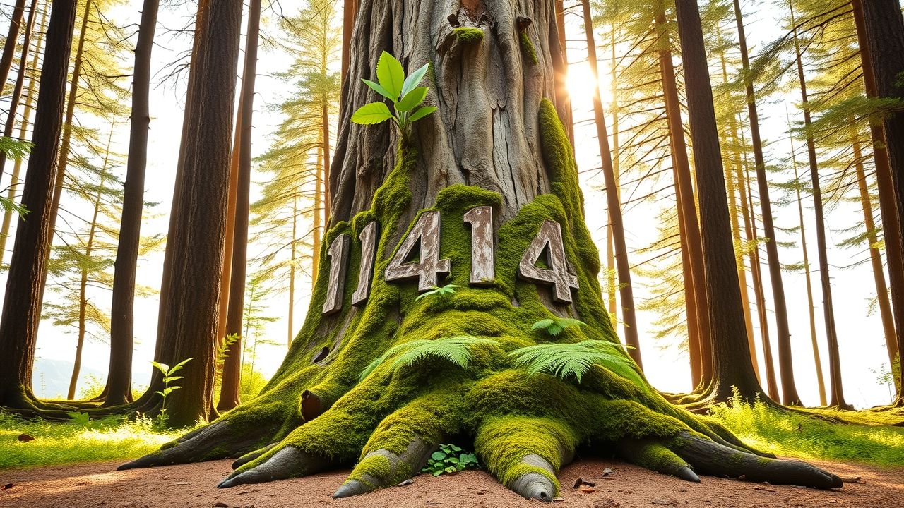 Een rustig bos met een boomstam met het nummer '1144'.