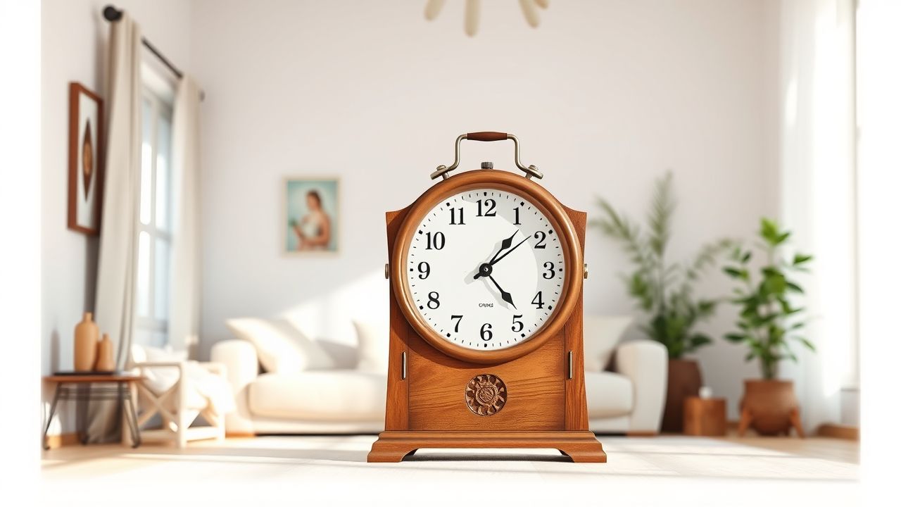 Een gezellige woonkamer met een oude houten klok die 12:12 aangeeft.