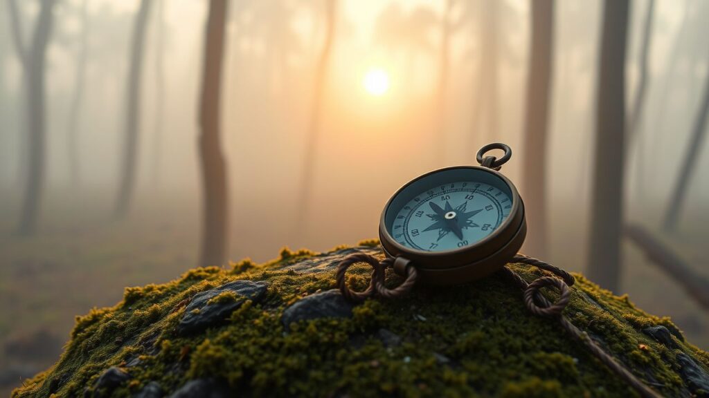 Een oude kompas ligt op een mos-bedekte rots in een mistig bos bij zonsopgang.