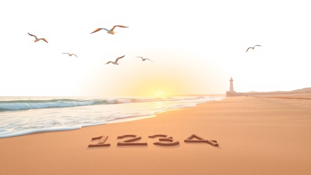 Een rustig strand bij zonsopgang met een vuurtoren en meeuwen.