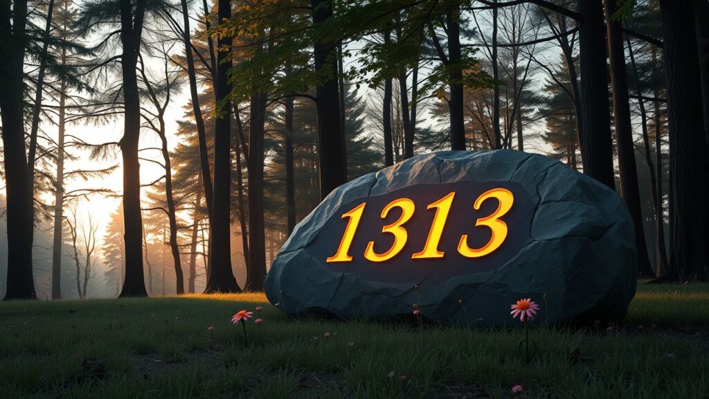 Een rustige bosopruiming bij zonsondergang met een steen met het nummer 1313.