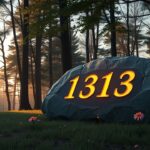 Een rustige bosopruiming bij zonsondergang met een steen met het nummer 1313.