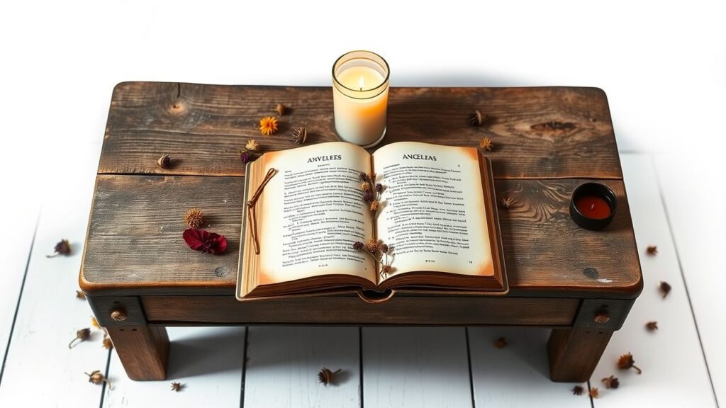 Een oude tafel met kaarslicht, boek over engelnummers en gedroogde bloemen.
