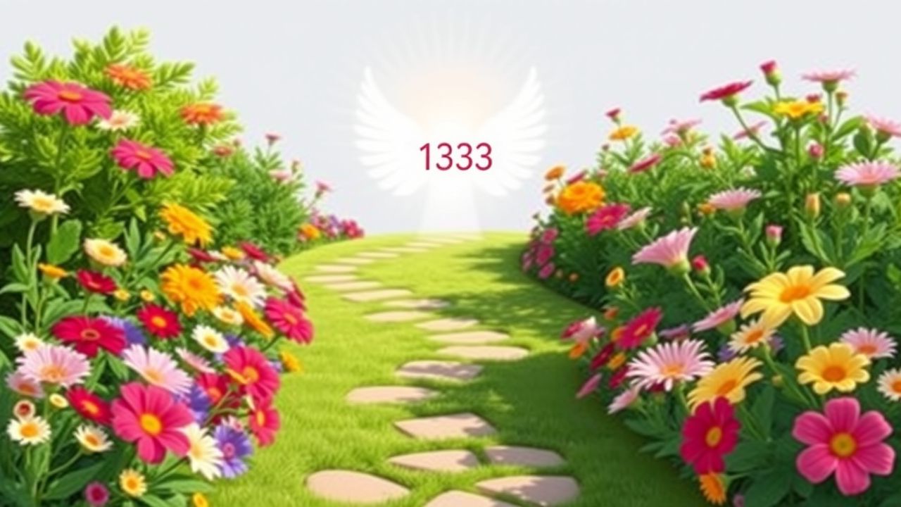 Een vredige tuin met bloeiende bloemen en een engelachtige figuur. Een vredige tuin met bloeiende bloemen en een engelachtige figuur.