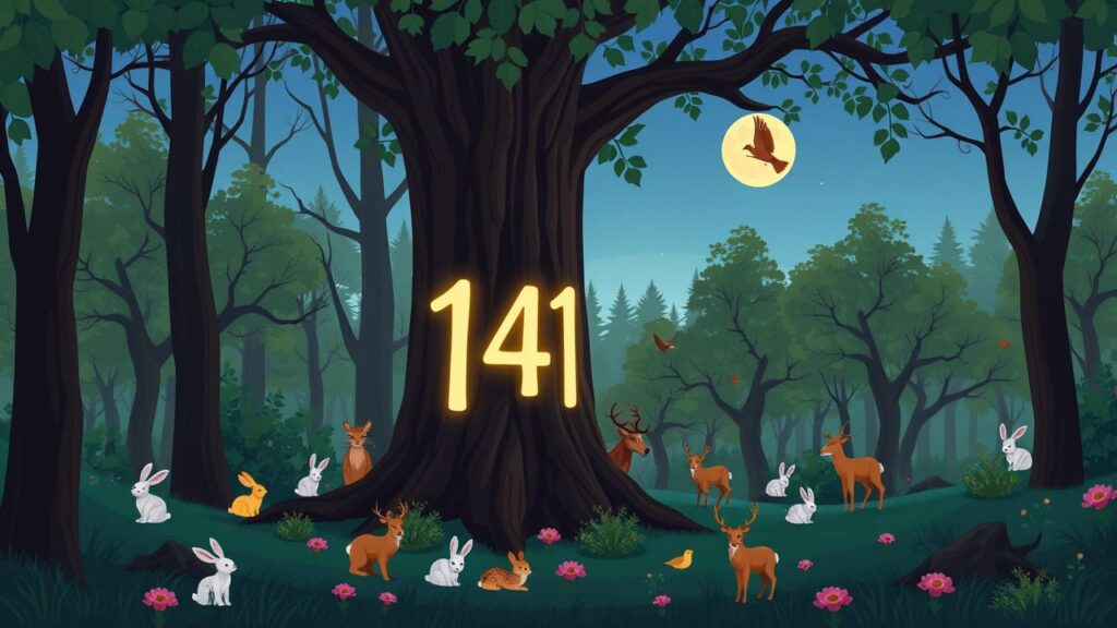Een betoverend bos met dieren en gloeiend nummer 1414 op boomstam.