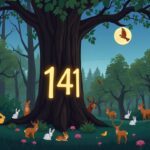 Een betoverend bos met dieren en gloeiend nummer 1414 op boomstam.