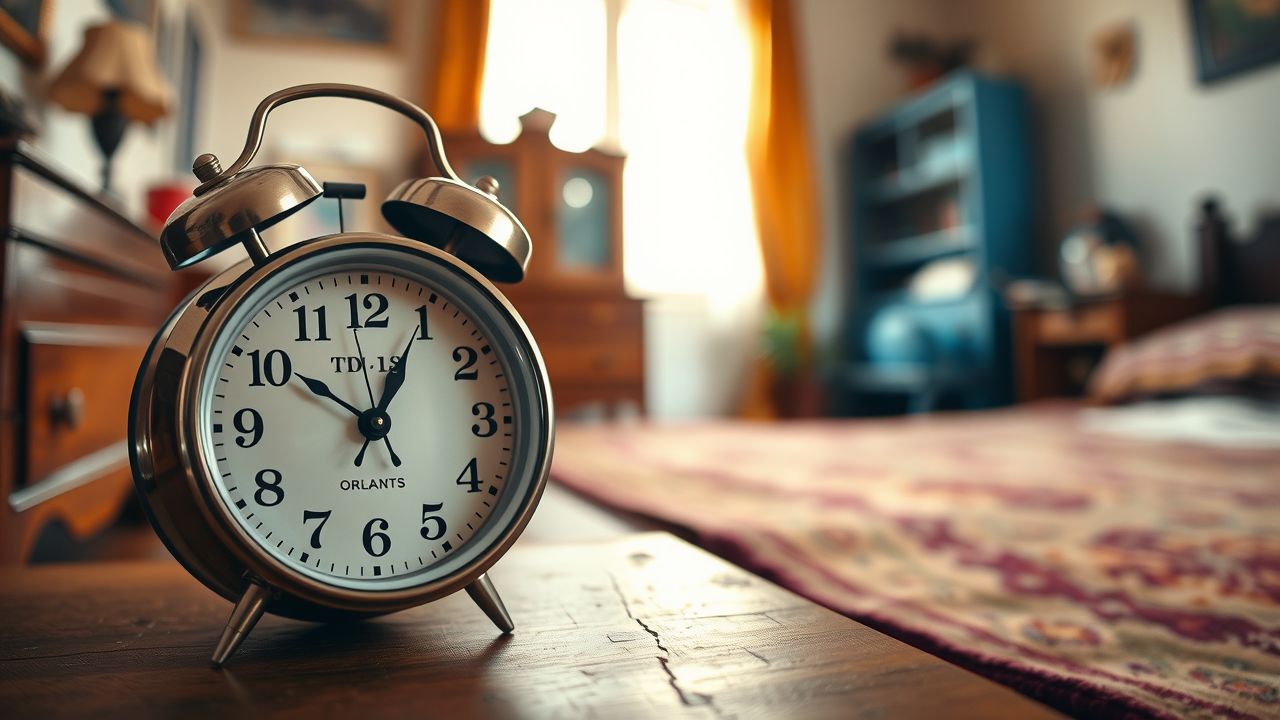 Een nostalgische slaapkamer met ouderwetse wekker toont 14:14.