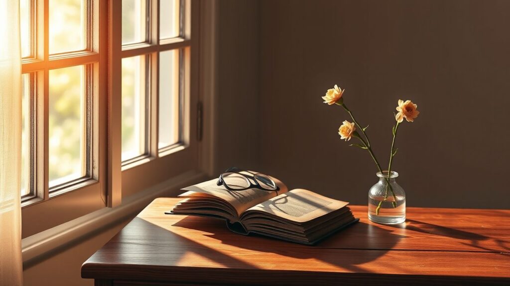 Een open raam met zacht zonlicht op een houten bureau met boek, bril en vaas met bloemen.