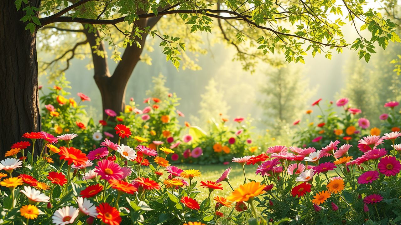 Een vredige tuin gevuld met kleurrijke bloemen en zacht zonlicht.