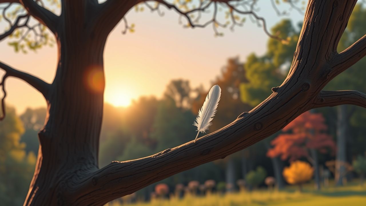 Een witte veer rust op een eikenboomtak in een kleurrijk bos.