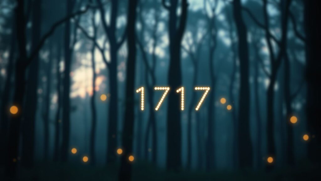 Een betoverend bos bij schemering met glinsterende vuurvliegjes en gloeiend nummer '1717'.