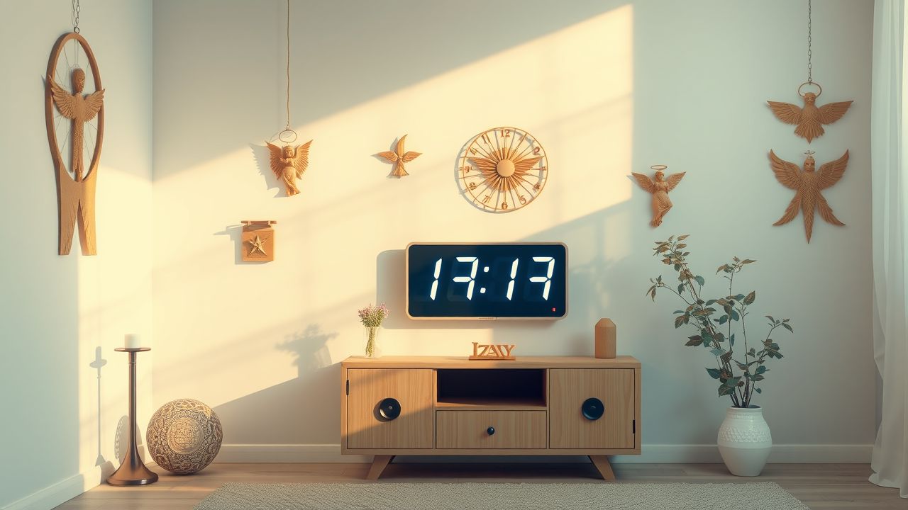De afbeelding toont een kamer met een digitale klok die 17:17 aangeeft in een serene sfeer met engelachtige decoraties.