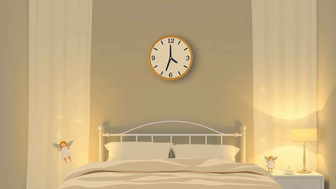 Een rustige slaapkamer met engelachtige accenten en warme verlichting.