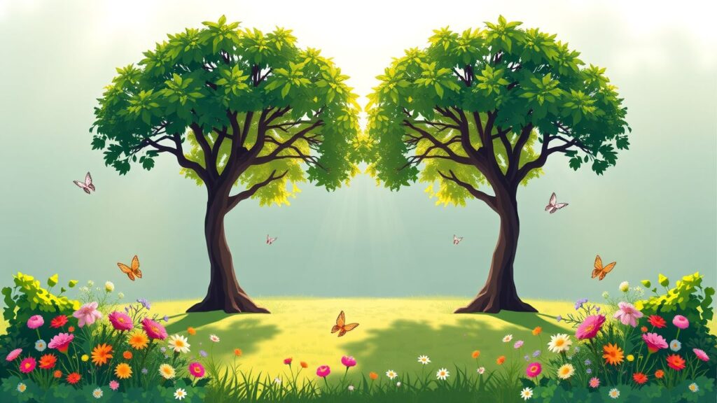 Een vredige tuin met bloeiende bloemen, vlinders en symmetrische bomen.