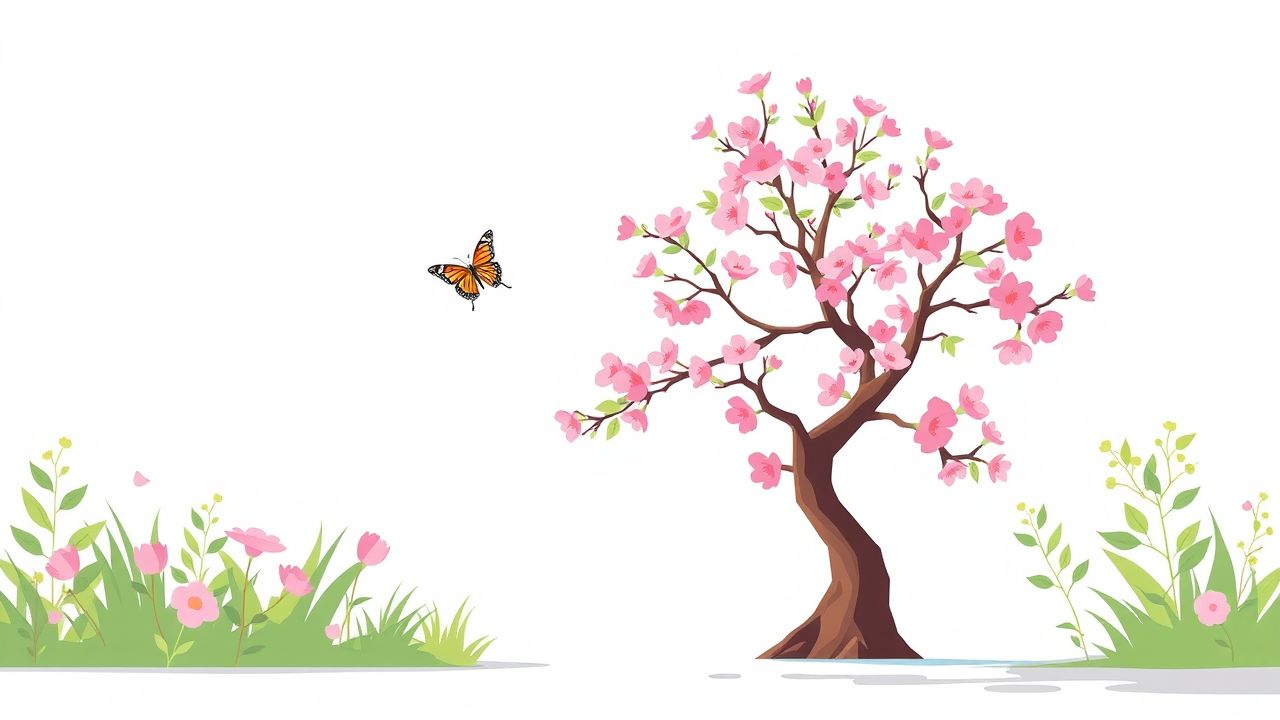 Een serene tuinscène met bloeiende kersenbloesemboom en vlinders.