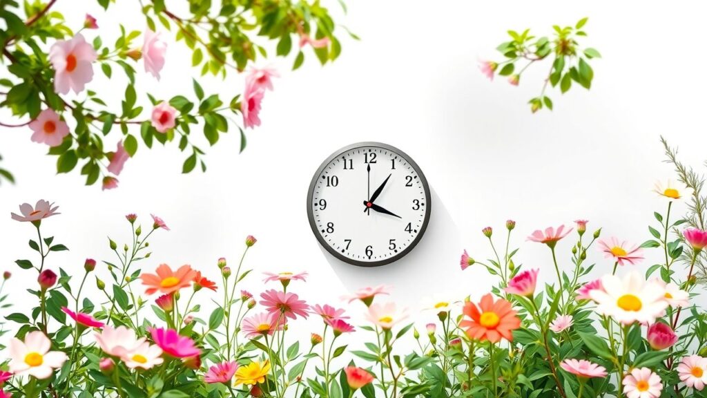 Een vredige tuin met bloeiende bloemen en een klok op 20:20.
