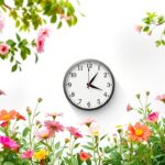 Een vredige tuin met bloeiende bloemen en een klok op 20:20.
