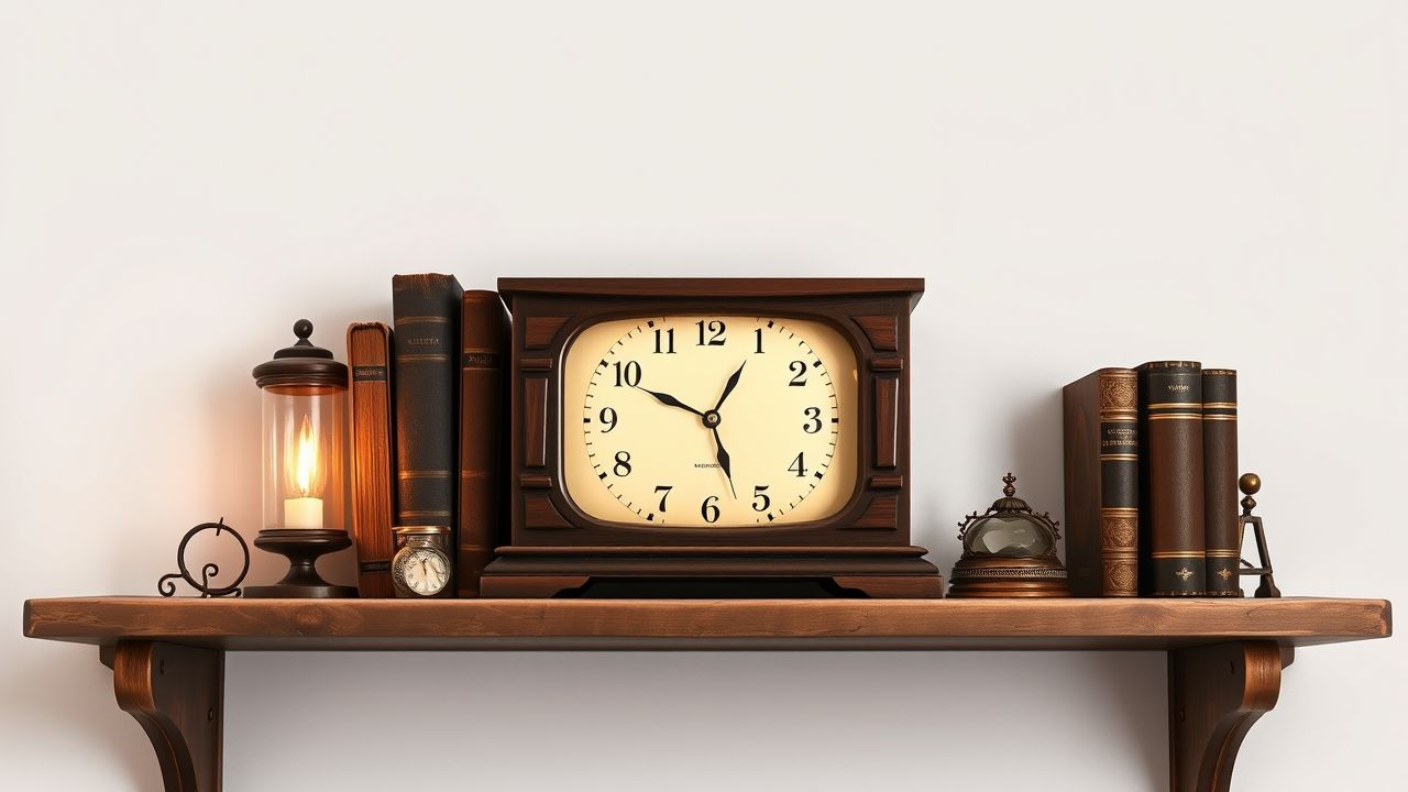 Een vintage houten klok op een verweerde boekenplank met kaarslicht.