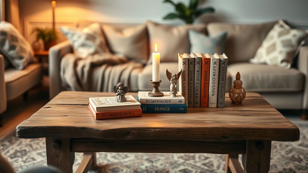 Een gezellige woonkamer met numerologie boeken, engelenbeeldjes en kaarslicht.