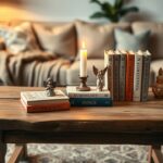 Een gezellige woonkamer met numerologie boeken, engelenbeeldjes en kaarslicht.