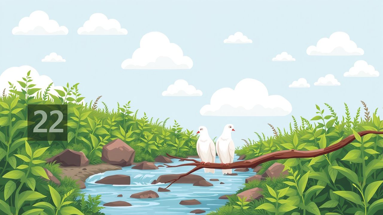 Een serene natuursetting met duiven op een tak en stromend water.