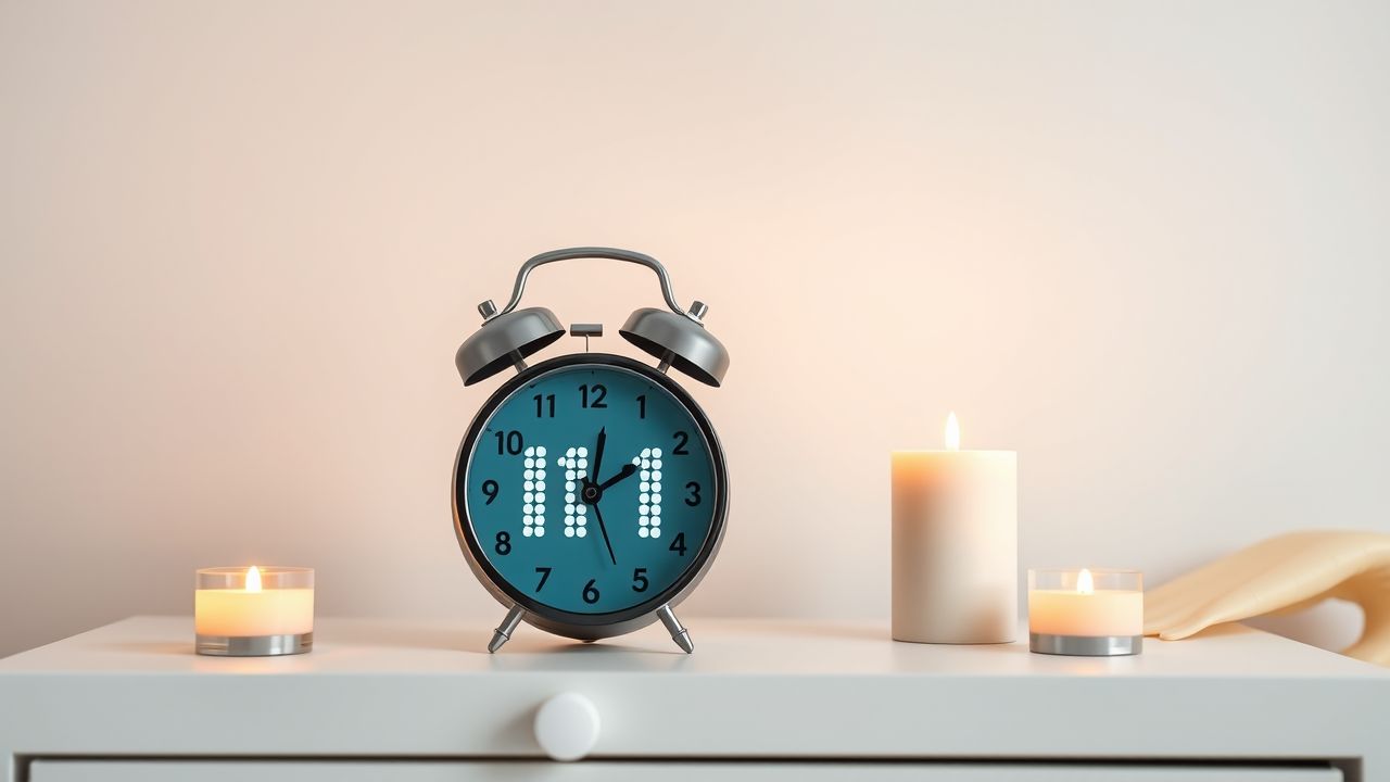 Een rustige slaapkamer met een alarmklok, kaarsen en engelenvleugels.