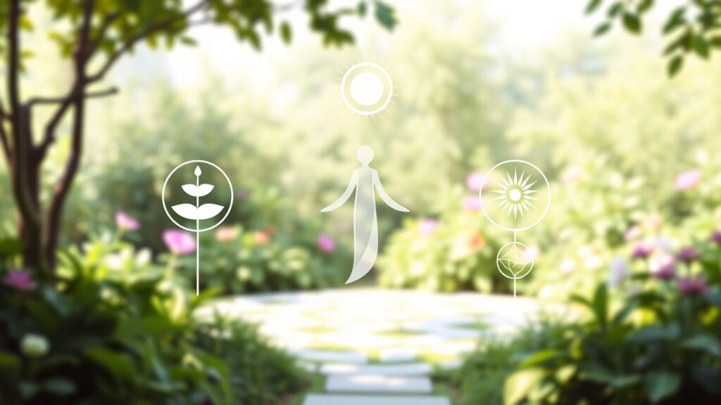 Een serene tuin met een ethereal figuur en symbolen van balans, groei en wijsheid.