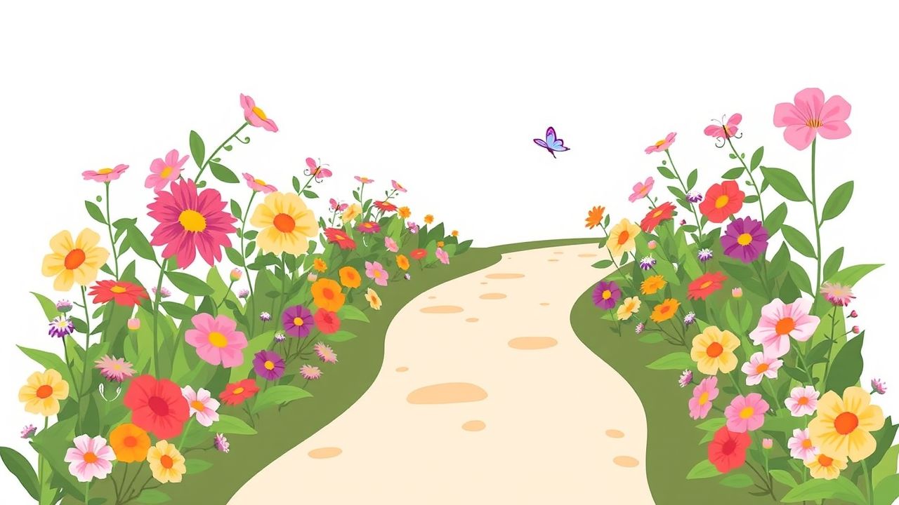 Een vredige tuin met een kronkelend pad en bloeiende bloemen.
