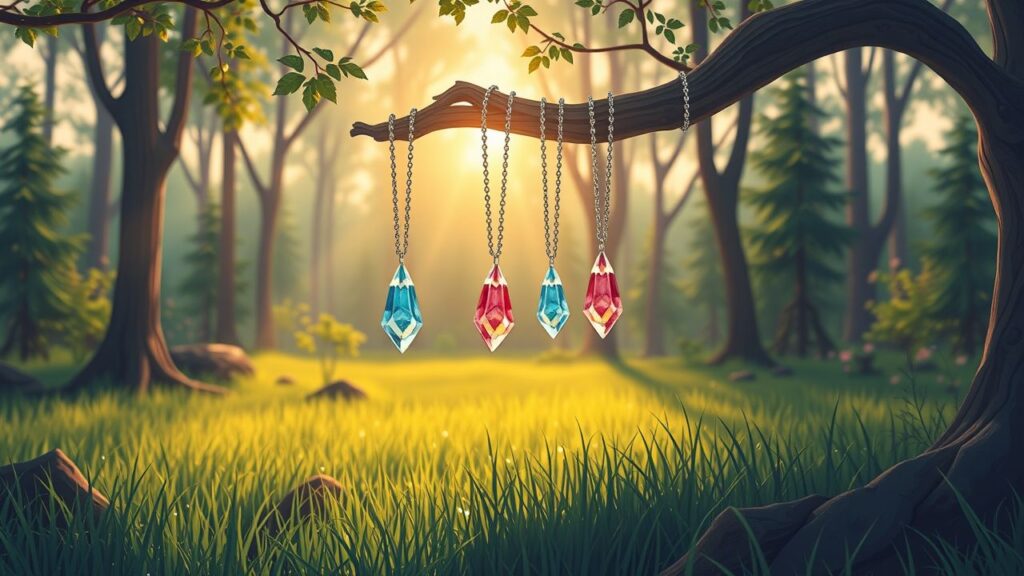 Een betoverend bos bij zonsondergang met kristallen kettingen.