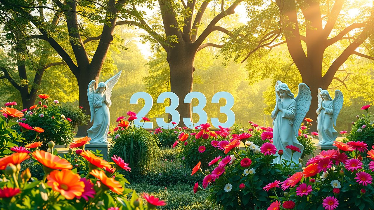 Een serene tuin met bloeiende bloemen en engelachtige standbeelden.