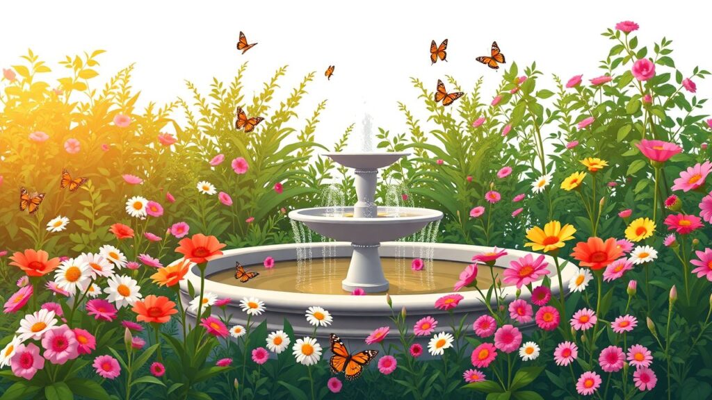 Een vredige tuin met fontein, bloemen en vlinders.