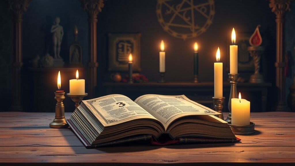 Een oude, openliggende boek omringd door kaarsen en mystieke artefacten.