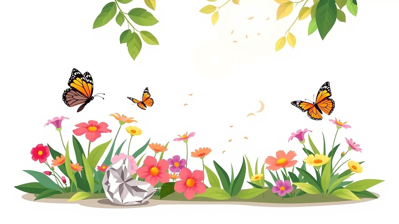 Een vredige tuin met bloemen, vlinders en kristal.