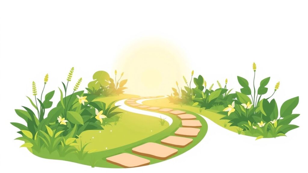 Een serene tuin met een kronkelend pad naar een vredige vijver.