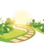 Een serene tuin met een kronkelend pad naar een vredige vijver.