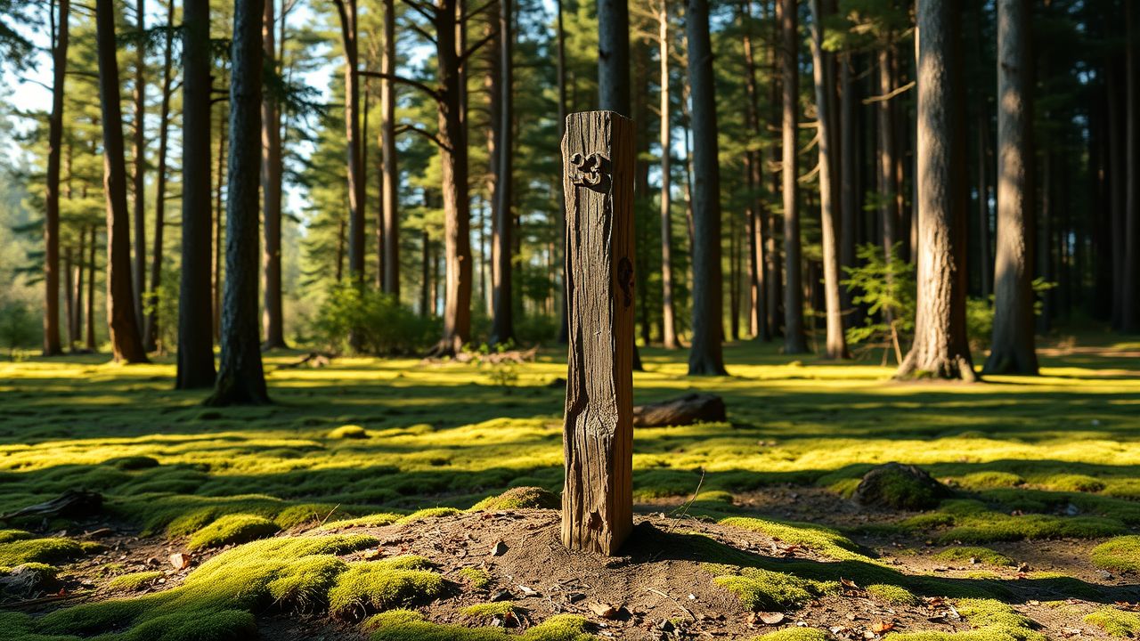 Een verweerde houten wegwijzer met het nummer 33 in een rustig bos.