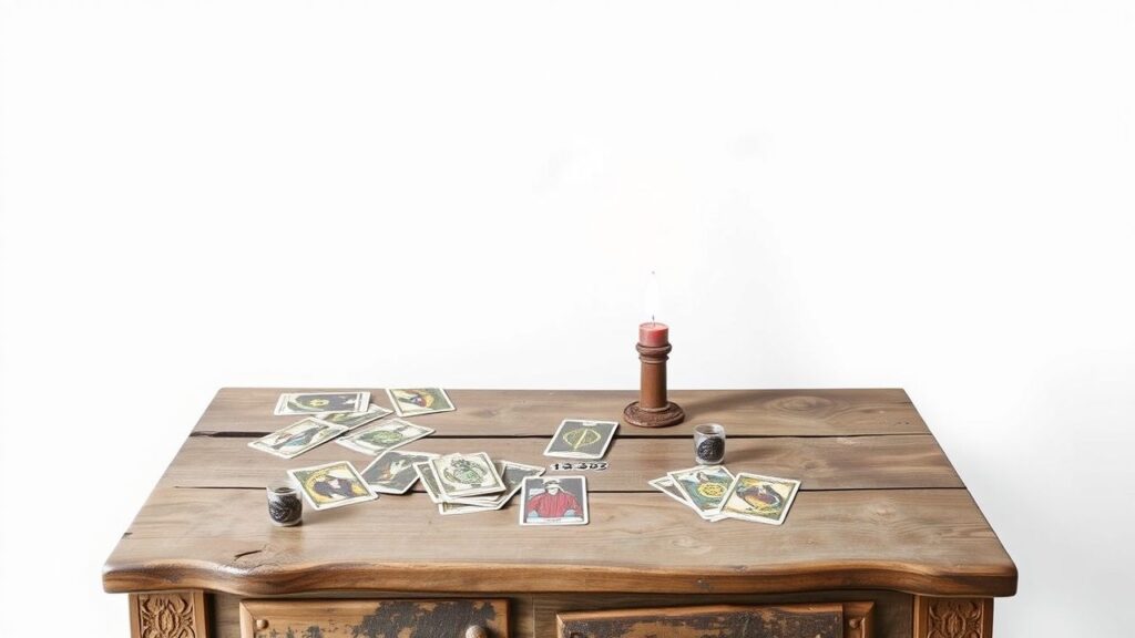 Een oude houten tafel met tarotkaarten en kaarslicht.
