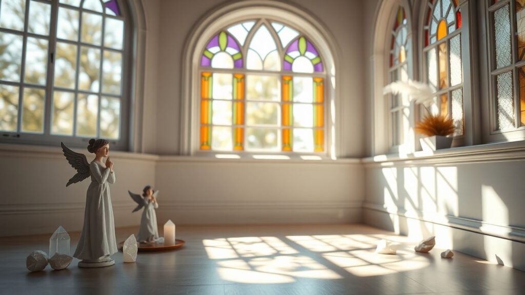 Een rustgevende kamer met engelachtige figuren en kalmerende kristallen.