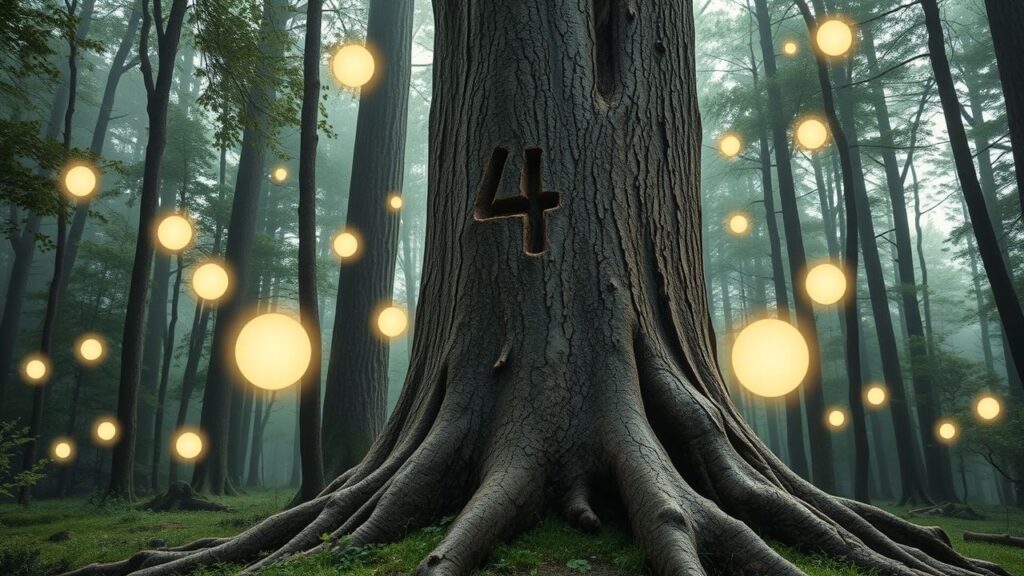 Een betoverend bos met een boom met het nummer 4.