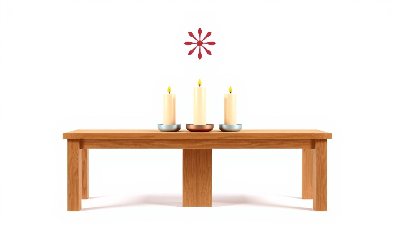 Een houten tafel met vier elementkaarsen en balanssymbolen.